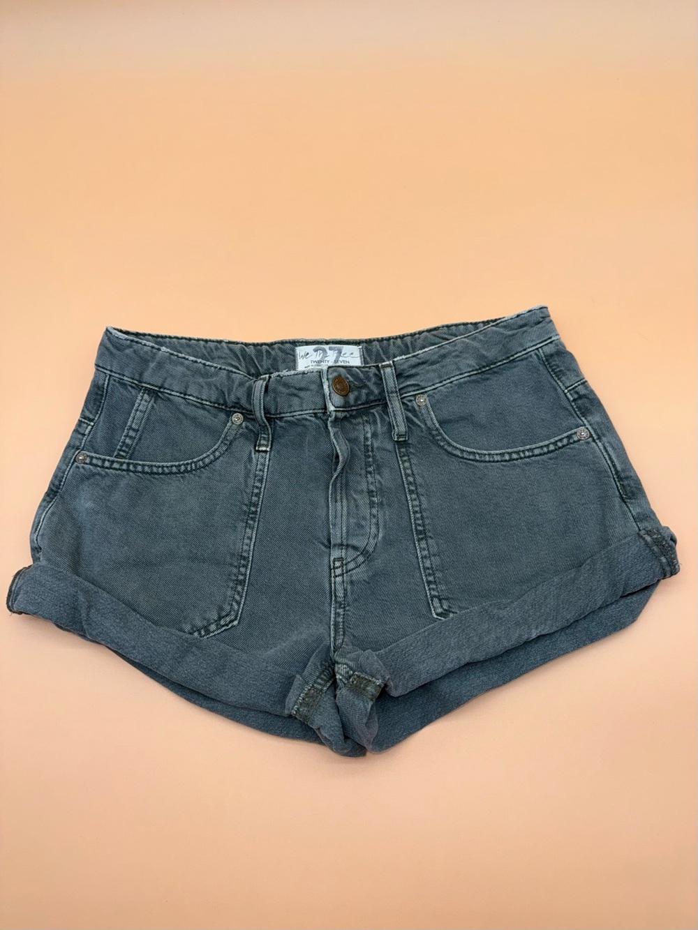 We The Free Twenty Seven Dark Olive Green Mini Denim Cuffed Shorts